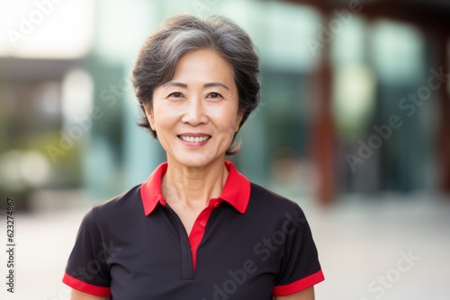 Group portrait photography of a pleased Chinese woman in her 50s wearing a sporty polo shirt against a modern architectural background 