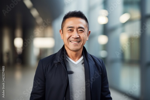Portrait of a smiling asian man in the corridor of an office building