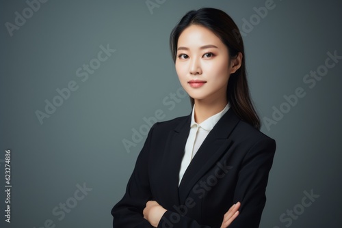 Portrait of young asian businesswoman looking at camera isolated on grey background