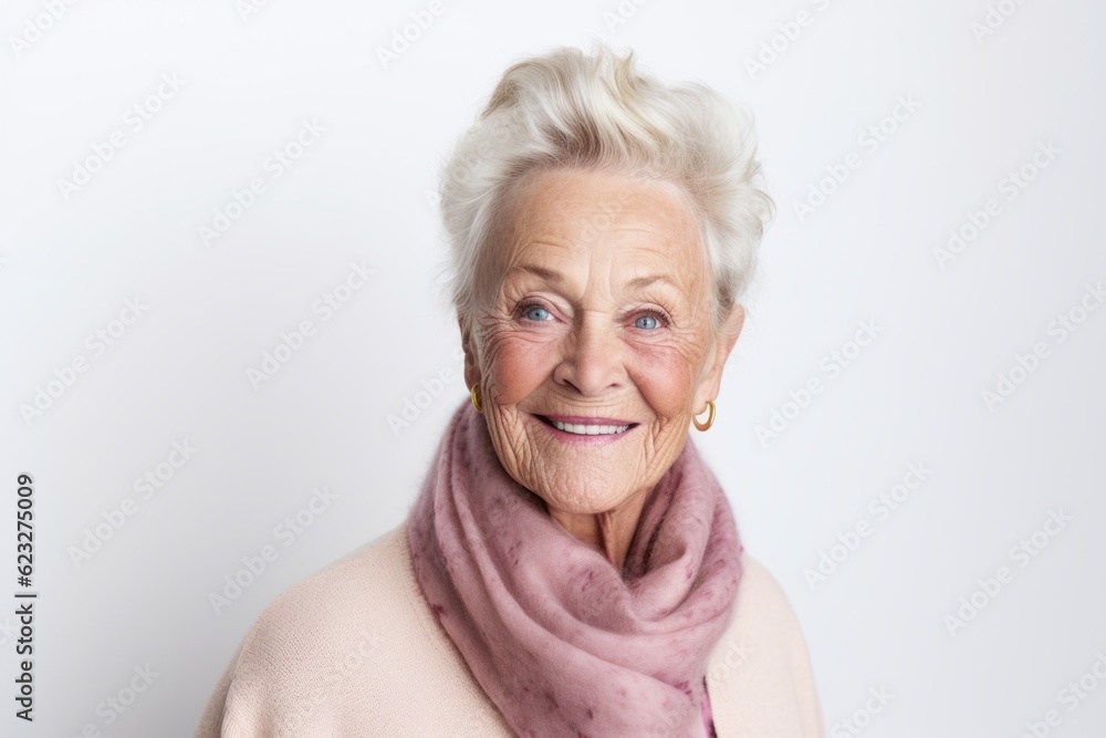 Portrait of a smiling senior woman with pink scarf on white background Portrait of a smiling senior woman with pink scarf on white background