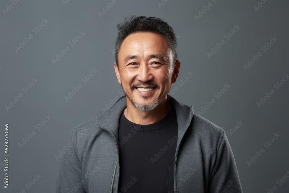 Portrait of a happy middle-aged asian man on grey background Portrait of a happy middle-aged asian man on grey background