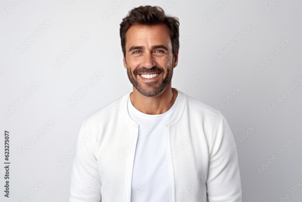 Portrait of happy mature man smiling at camera, looking at camera, standing against white background