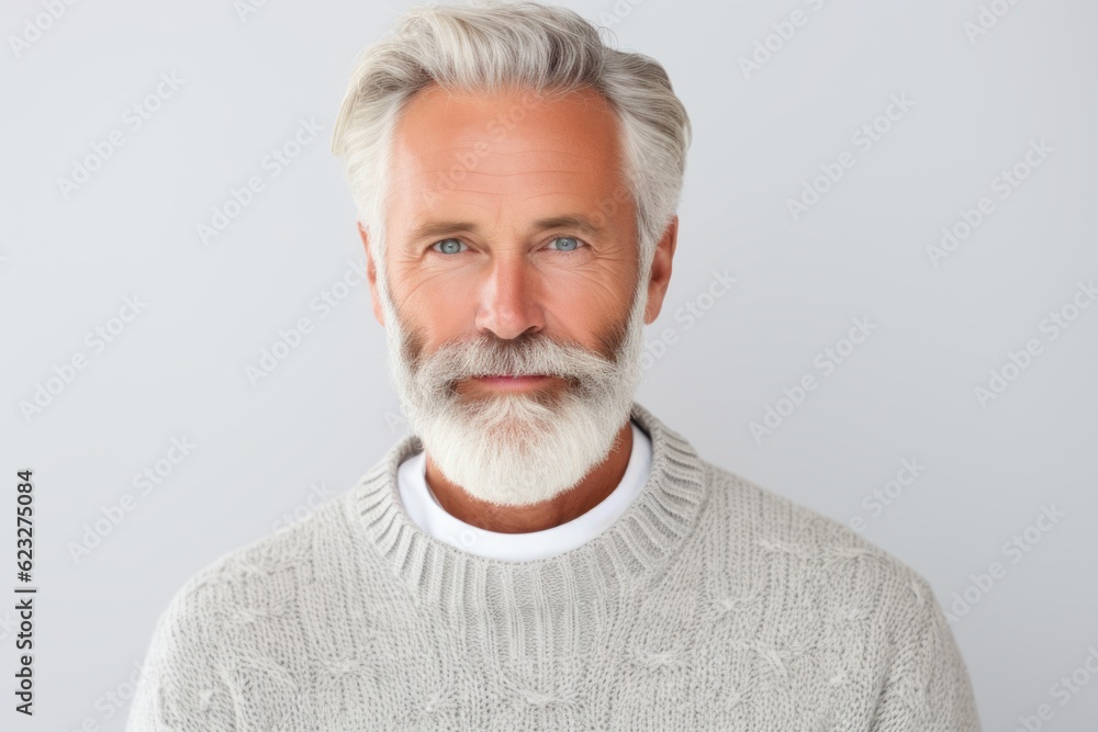 Portrait of a handsome mature man with grey hair against white background