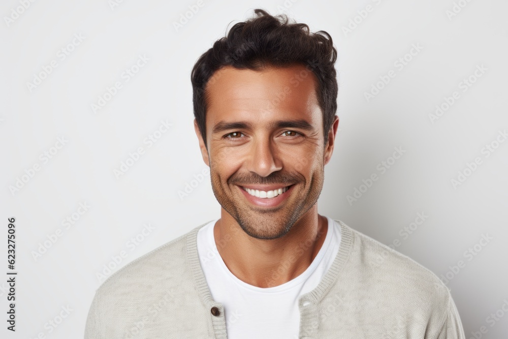 Portrait of handsome young man smiling and looking at camera over white background Portrait of handsome young man smiling and looking at camera over white background