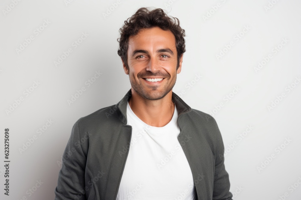 Portrait of handsome young man smiling and looking at camera against white background Portrait of handsome young man smiling and looking at camera against white background