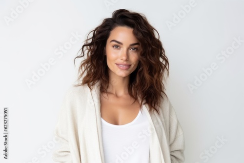 Portrait of a beautiful young woman with long curly hair on a white background