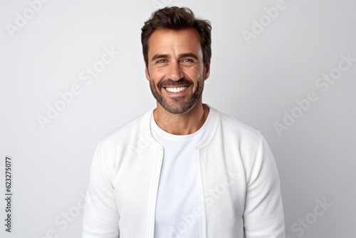 Portrait of happy mature man smiling at camera, looking at camera, standing against white background © Robert MEYNER