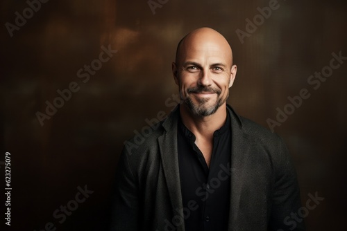 Portrait of a handsome bald man in a black jacket. Studio shot.
