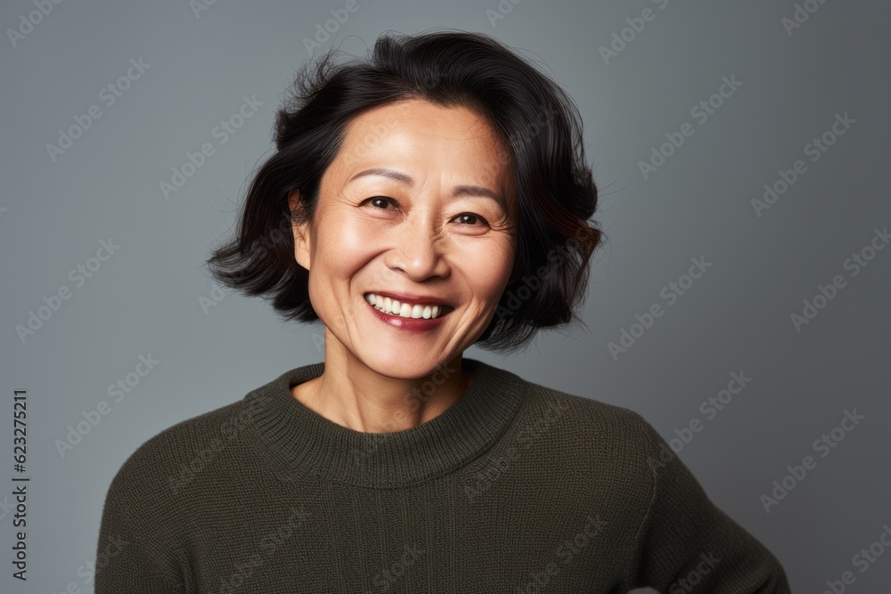 Portrait of a smiling middle-aged Asian woman on a gray background Portrait of a smiling middle-aged Asian woman on a gray background