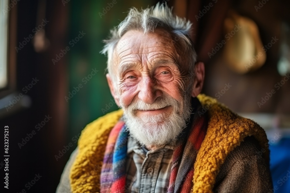 Portrait of an elderly man with a gray beard and mustache in a warm knitted scarf in the village. Portrait of an elderly man with a gray beard and mustache in a warm knitted scarf in the village.