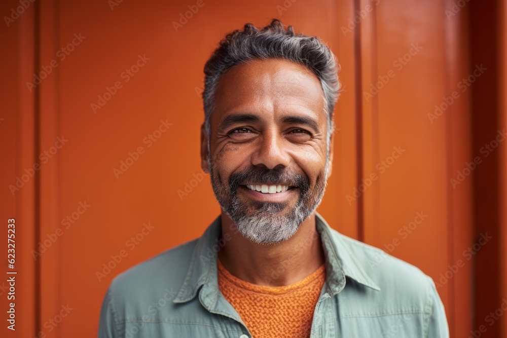 Portrait of handsome Indian man smiling at camera in front of orange door Portrait of handsome Indian man smiling at camera in front of orange door