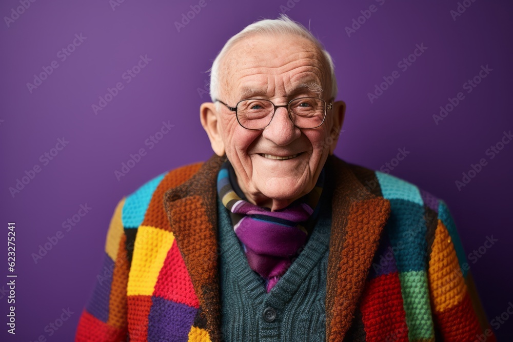 Portrait of an elderly man in a bright sweater on a purple background