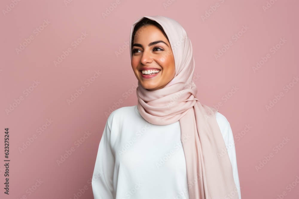 Portrait of a beautiful young muslim woman wearing hijab isolated on pink background Portrait of a beautiful young muslim woman wearing hijab isolated on pink background