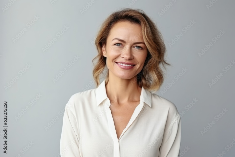 Portrait of a smiling businesswoman looking at camera over grey background Portrait of a smiling businesswoman looking at camera over grey background