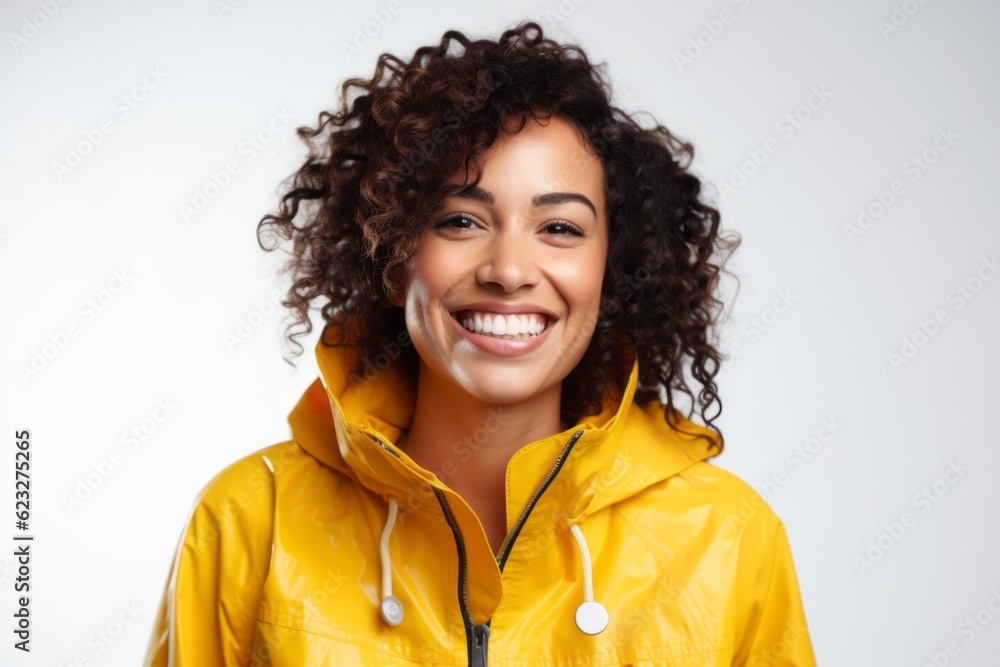 Portrait of a smiling african american woman in yellow raincoat isolated on a white background Portrait of a smiling african american woman in yellow raincoat isolated on a white background