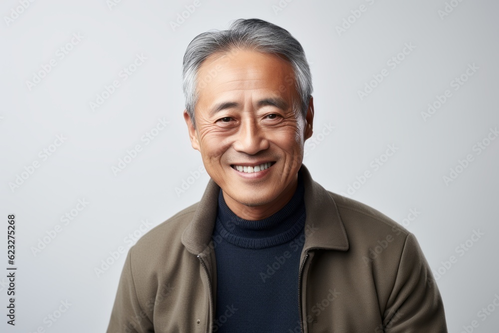 Portrait of a happy asian senior man smiling against grey background Portrait of a happy asian senior man smiling against grey background