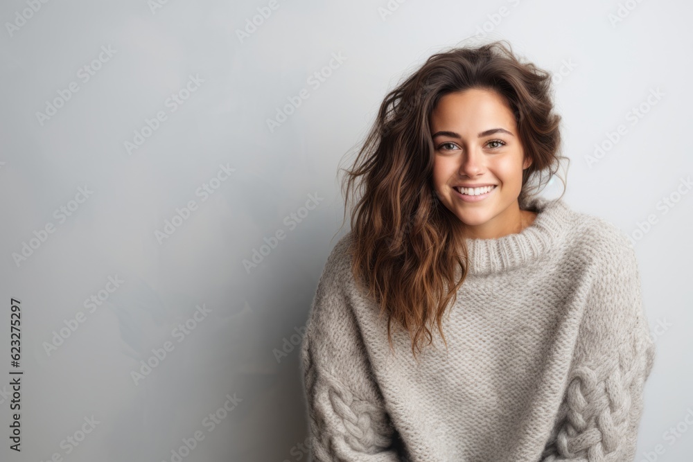 Fototapeta premium Portrait of a beautiful young woman in a sweater on a gray background