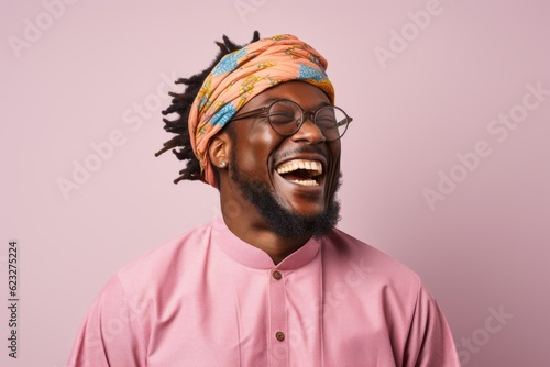 Portrait of a happy african american man in pink shirt and turban smiling