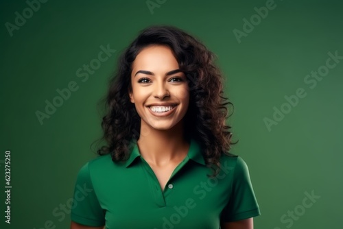 smiling young african american woman in green polo shirt