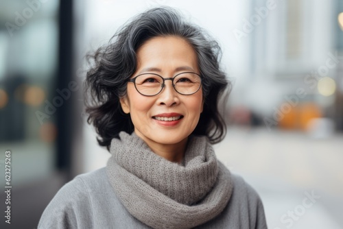 Close-up portrait photography of a satisfied Chinese woman in her 60s wearing a cozy sweater against a modern architectural background 