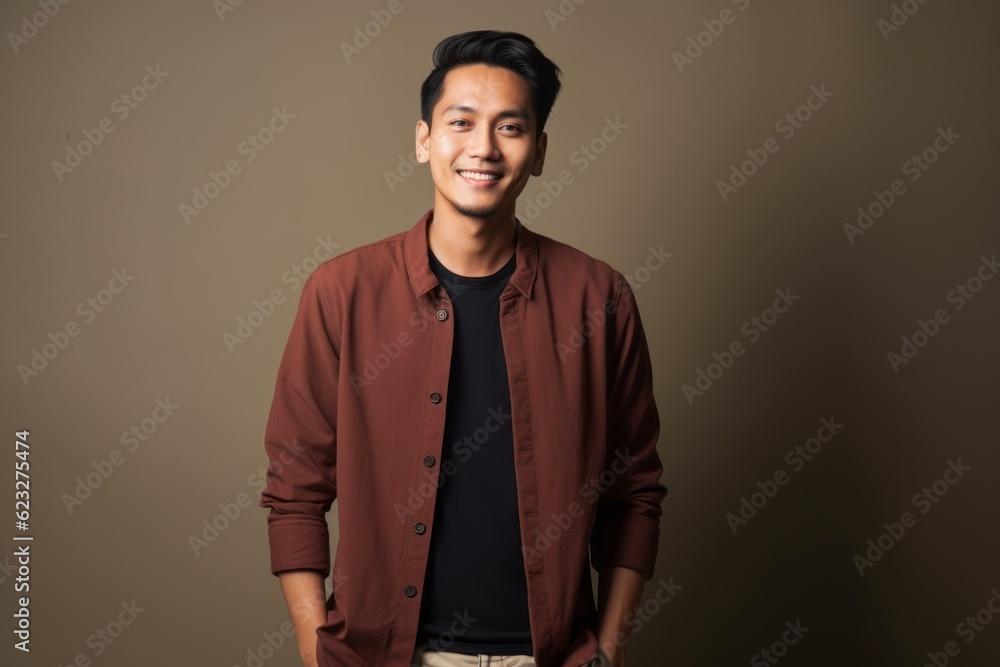 Obraz premium Portrait of a young asian man smiling at camera on grey background