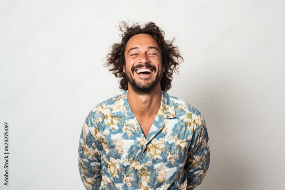 Handsome man in pajamas laughing. Isolated white background. Handsome man in pajamas laughing. Isolated white background.