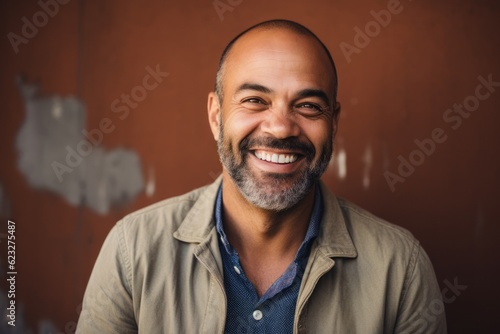 Medium shot portrait photography of a happy Brazilian man in his 40s wearing a chic cardigan against an abstract background 
