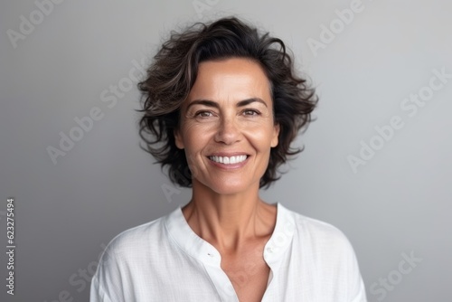 Portrait of beautiful middle aged woman looking at camera and smiling, isolated on grey background