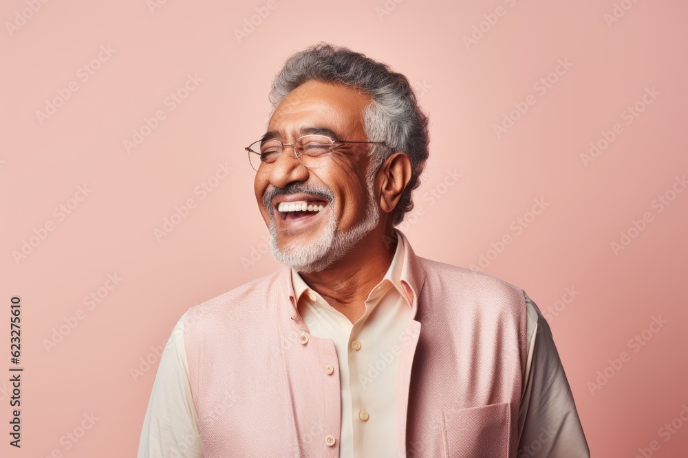 Portrait of a happy Indian senior man wearing glasses and smiling at camera against pink background