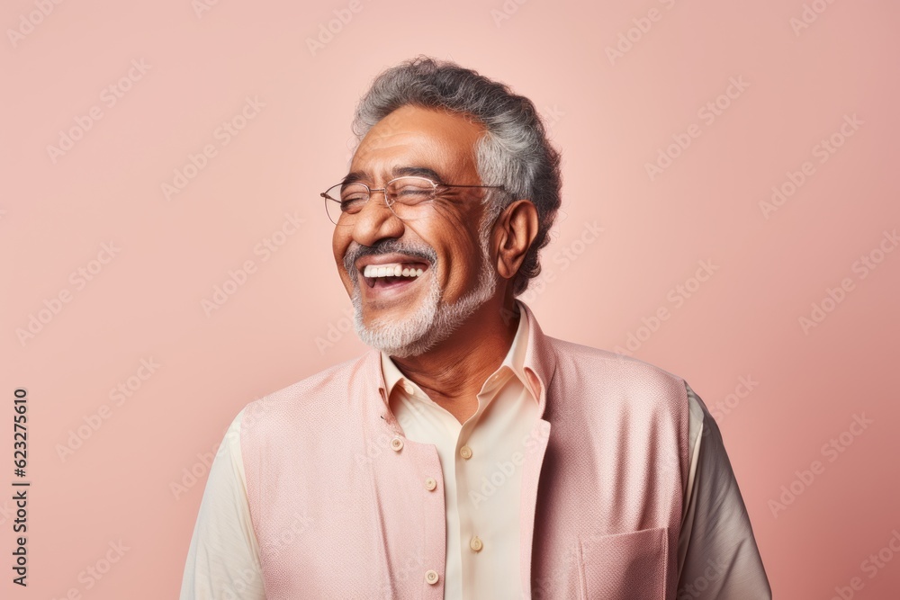Obraz premium Portrait of a happy Indian senior man wearing glasses and smiling at camera against pink background