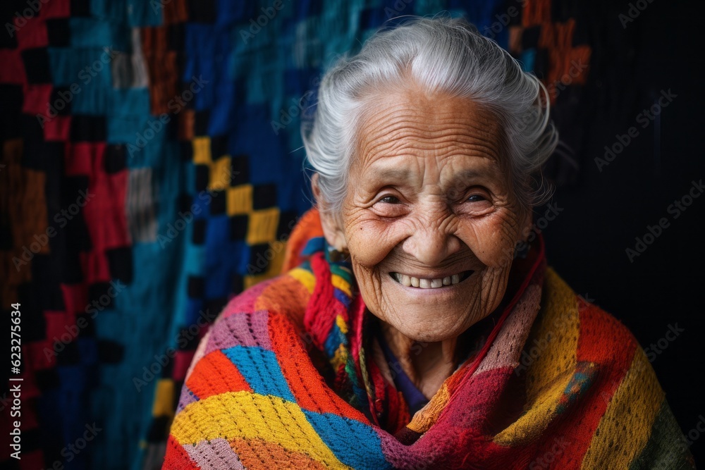 Group portrait photography of a happy 100-year-old elderly Brazilian woman wearing a cozy sweater against an abstract background