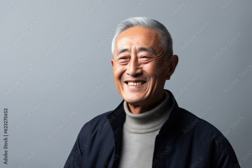 Portrait of a happy senior asian man smiling on grey background Portrait of a happy senior asian man smiling on grey background