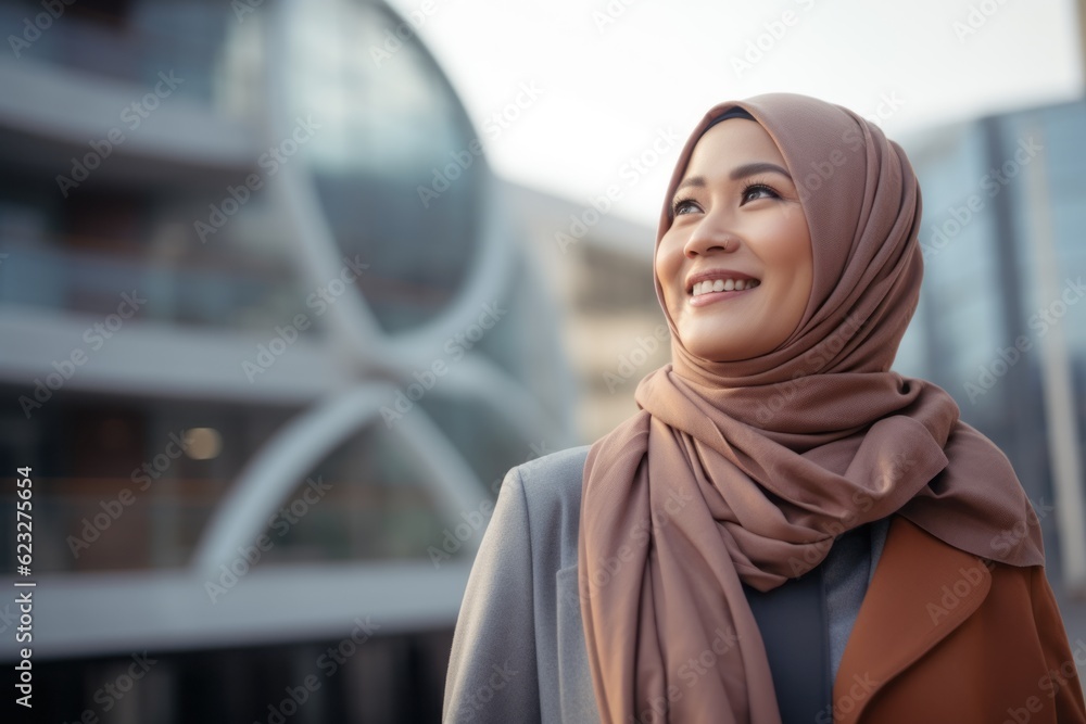 portrait of happy muslim woman with hijab looking away in the city