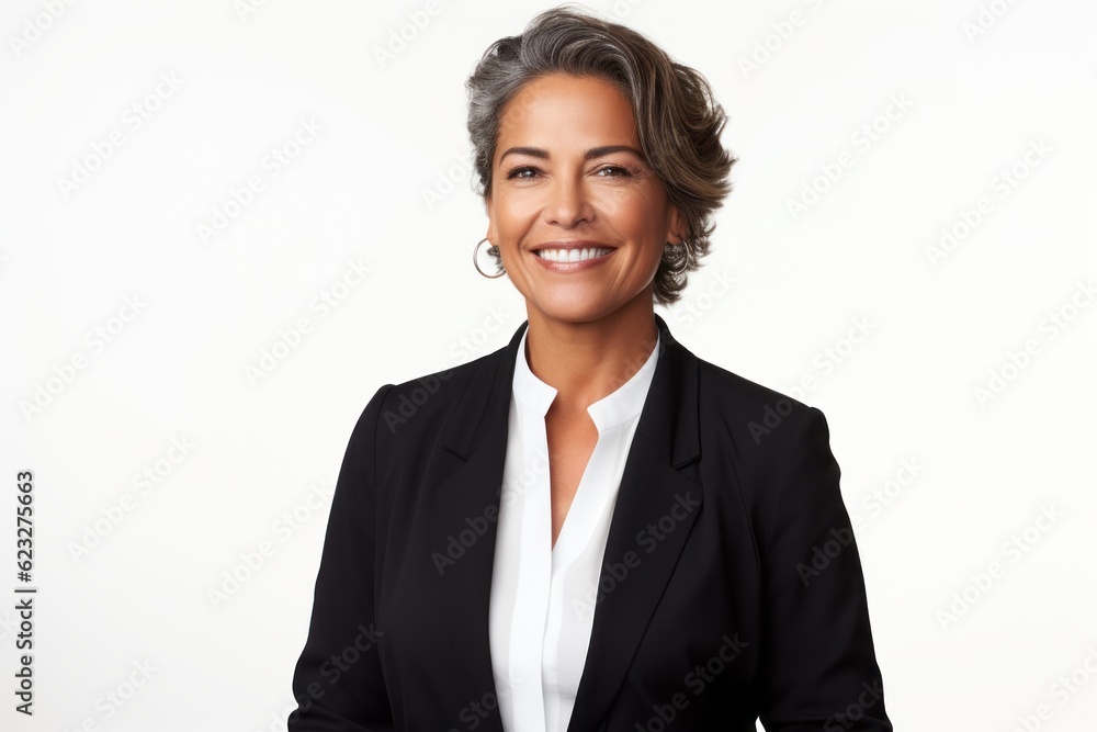 Portrait of happy mature businesswoman smiling at camera over white background