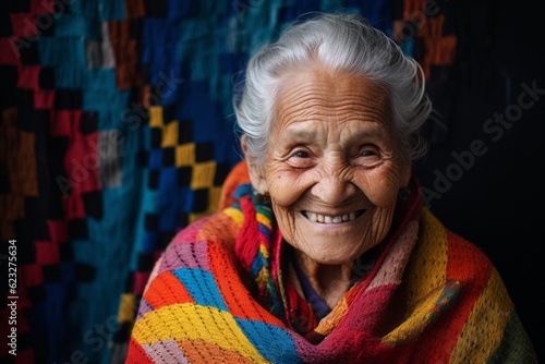 Obraz na płótnie Group portrait photography of a happy 100-year-old elderly Brazilian woman wearing a cozy sweater against an abstract background w salonie