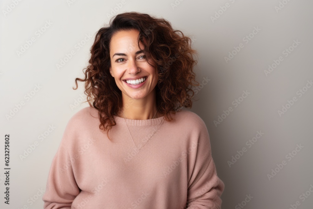 Portrait of a beautiful young woman with curly hair smiling at the camera. Portrait of a beautiful young woman with curly hair smiling at the camera.