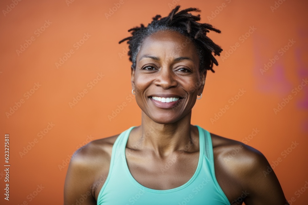 Portrait of smiling african american woman in fitness wear against orange background Portrait of smiling african american woman in fitness wear against orange background