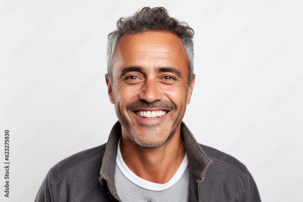 Portrait of a handsome middle-aged man smiling at the camera while standing against white background Portrait of a handsome middle-aged man smiling at the camera while standing against white background