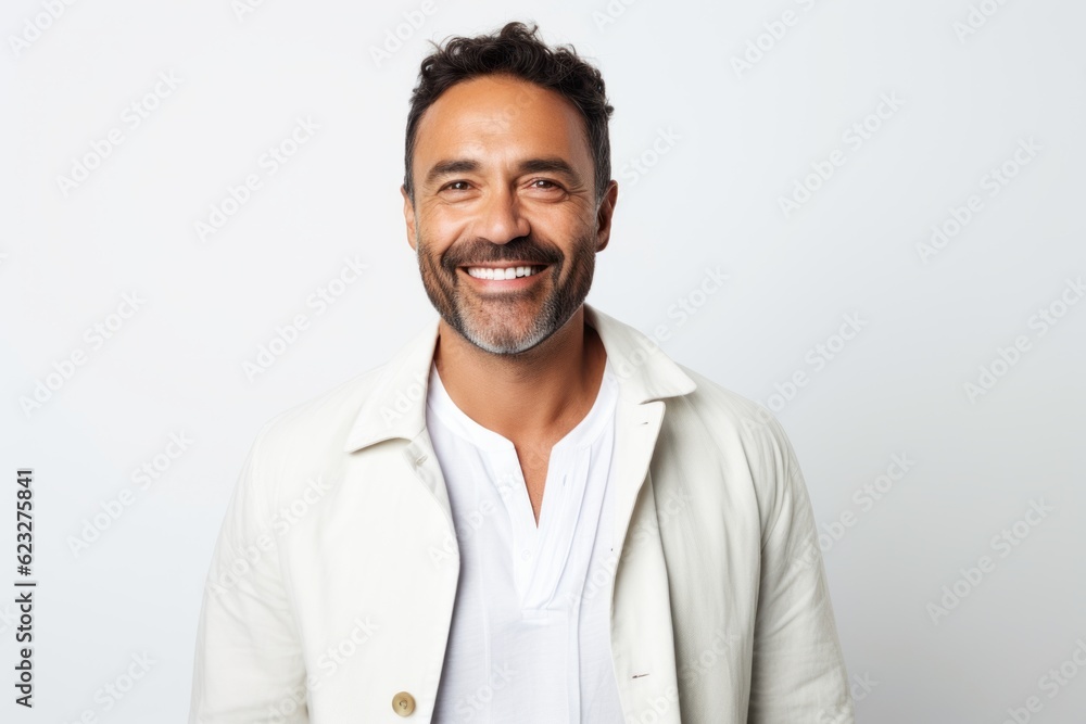 Portrait of handsome man smiling and looking at camera against white background Portrait of handsome man smiling and looking at camera against white background