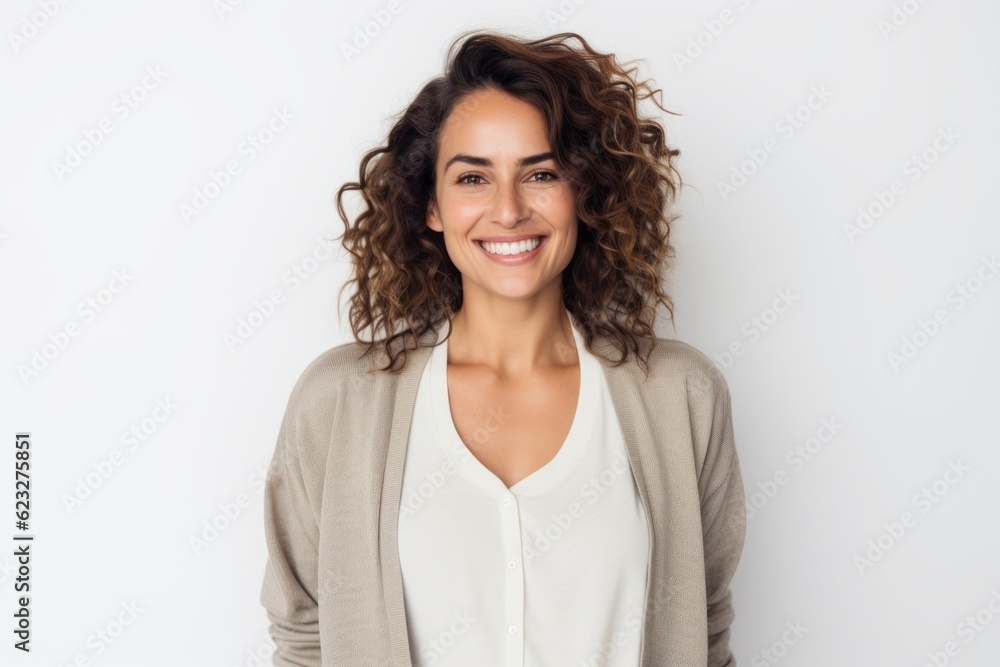 Portrait of beautiful young woman with curly hair smiling at camera against white background Portrait of beautiful young woman with curly hair smiling at camera against white background
