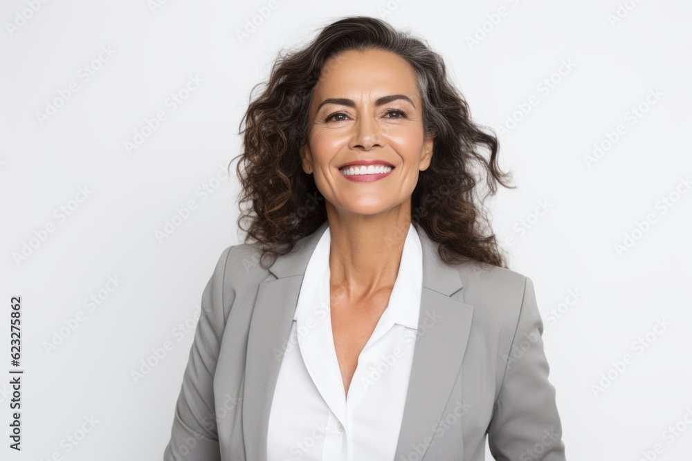Portrait of happy mature businesswoman smiling at camera over white background Portrait of happy mature businesswoman smiling at camera over white background
