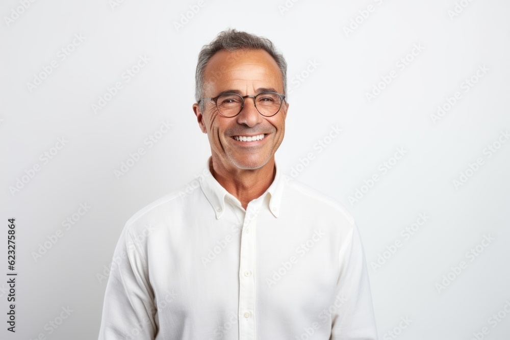 Portrait of smiling mature man in eyeglasses against white background Portrait of smiling mature man in eyeglasses against white background