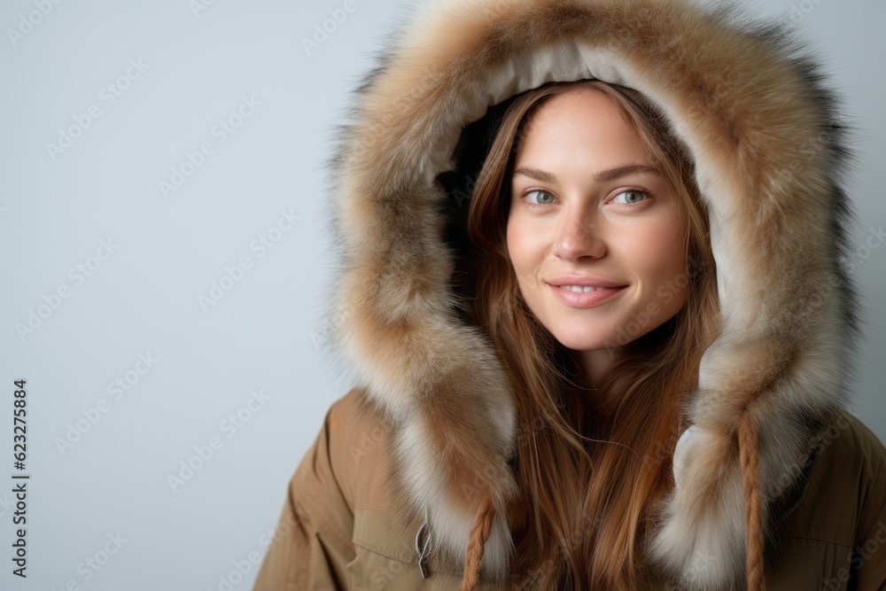 Beautiful young woman in a warm coat with a fur hood. Beautiful young woman in a warm coat with a fur hood.