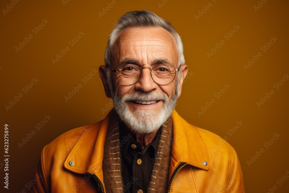 portrait of smiling senior man in yellow jacket and eyeglasses isolated on brown portrait of smiling senior man in yellow jacket and eyeglasses isolated on brown