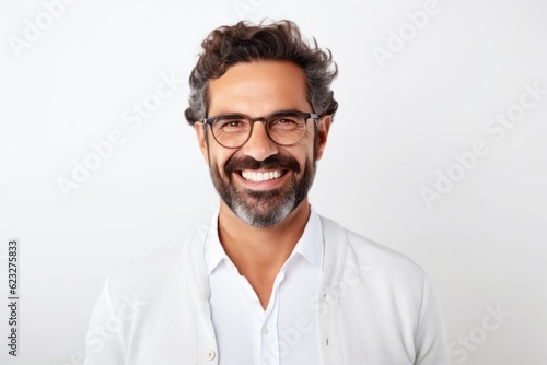 Medium shot portrait photography of a satisfied Brazilian man in his 40s wearing a chic cardigan against a white background 