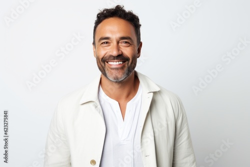 Portrait of handsome man smiling and looking at camera against white background