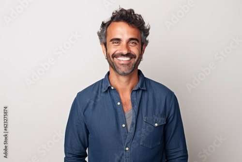 Portrait of a handsome Indian man smiling at the camera while standing against white background © Robert MEYNER