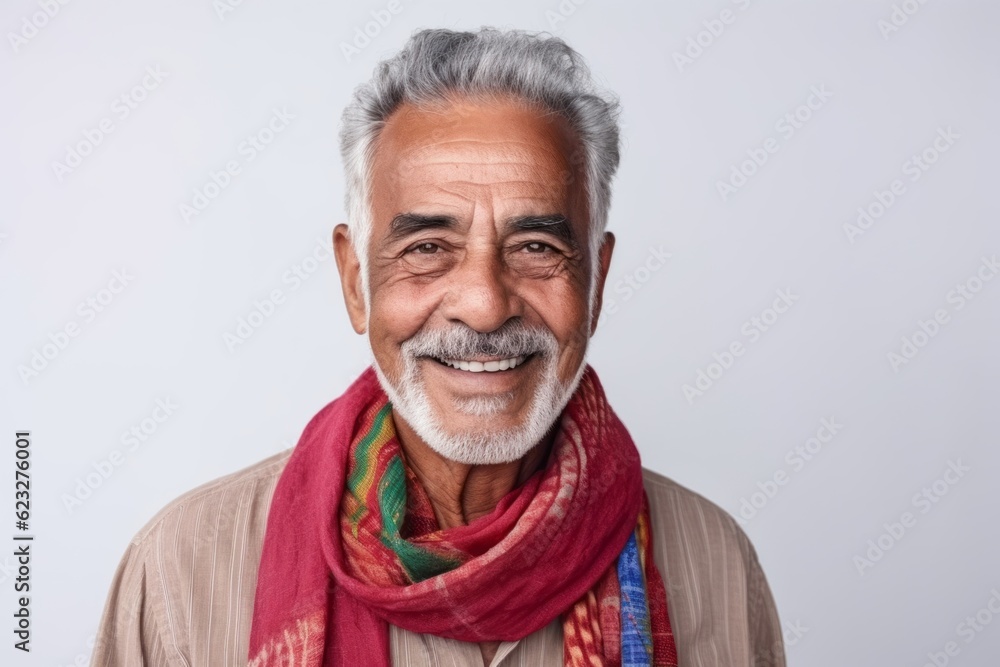 Portrait of a smiling Indian senior man with red scarf on white background Portrait of a smiling Indian senior man with red scarf on white background