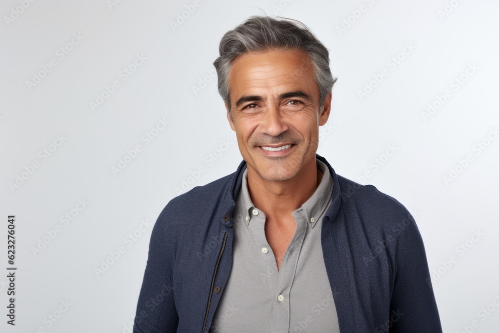 Lifestyle portrait photography of a pleased Brazilian man in his 50s wearing a chic cardigan against a white background Lifestyle portrait photography of a pleased Brazilian man in his 50s wearing a chic cardigan against a white background