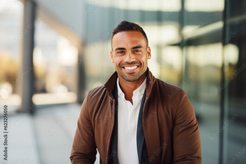 Portrait of a smiling young businessman standing in an office building outdoors Portrait of a smiling young businessman standing in an office building outdoors